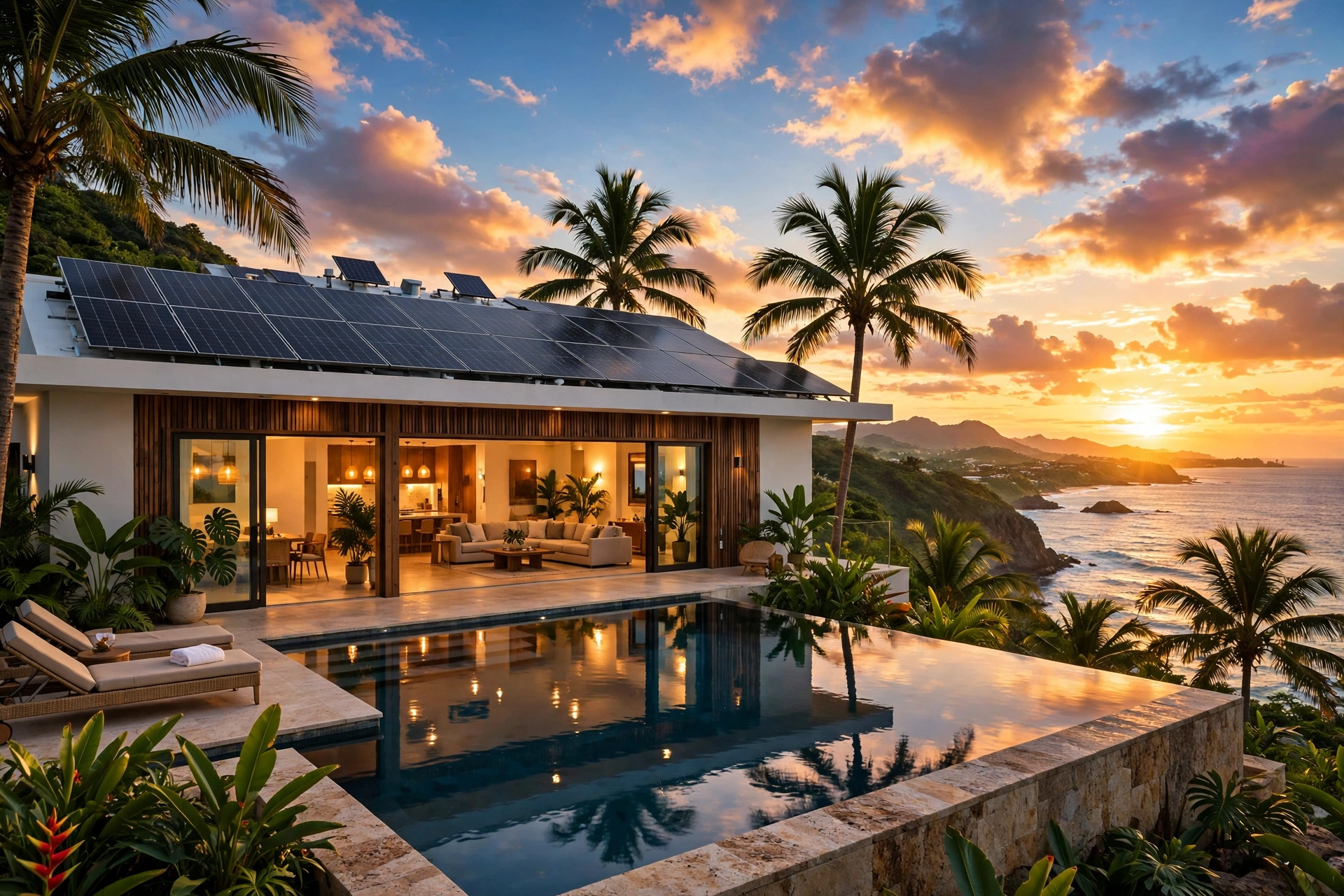 Casa puertorriqueña con paneles solares al atardecer